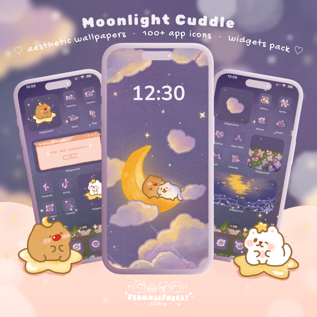 Phone theme with moon and cloud design featuring rednoseforest characters, 'Moonlight Cuddle' phone theme.