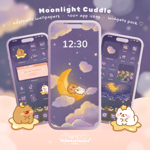Phone theme with moon and cloud design featuring rednoseforest characters, 'Moonlight Cuddle' phone theme.