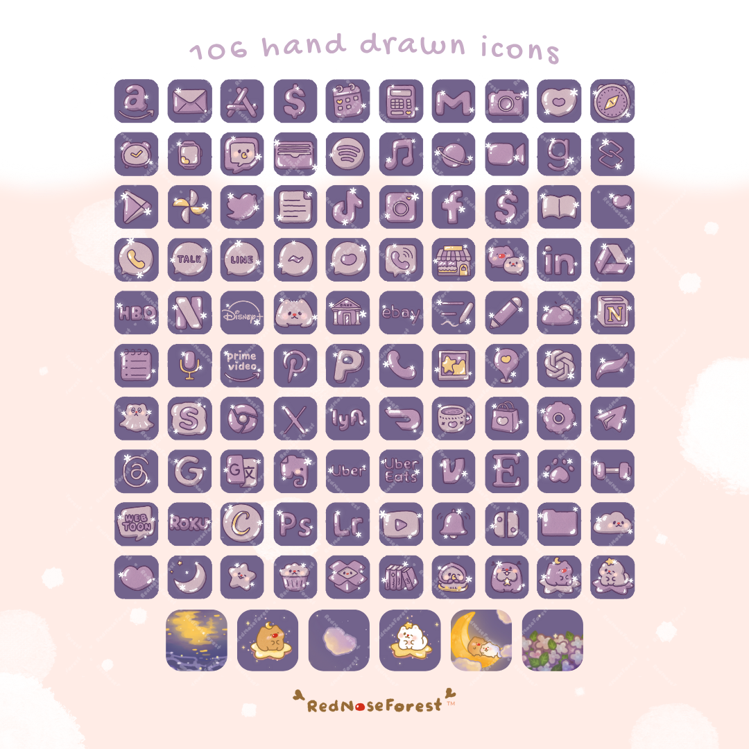 Collection of hand-drawn icons in purple on a light pink background with 'RedNoseForest' branding.