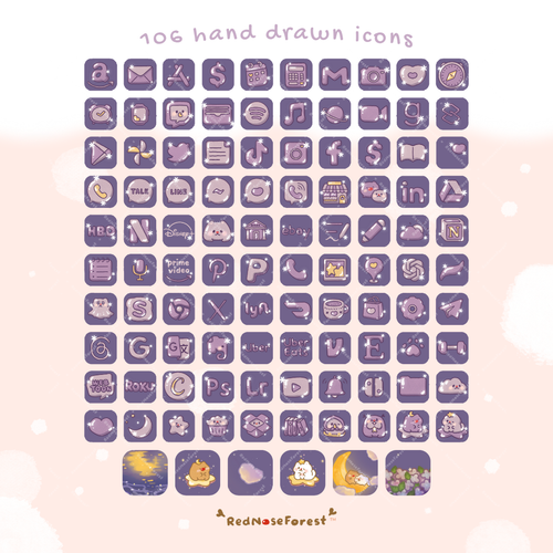 Collection of hand-drawn icons in purple on a light pink background with 'RedNoseForest' branding.