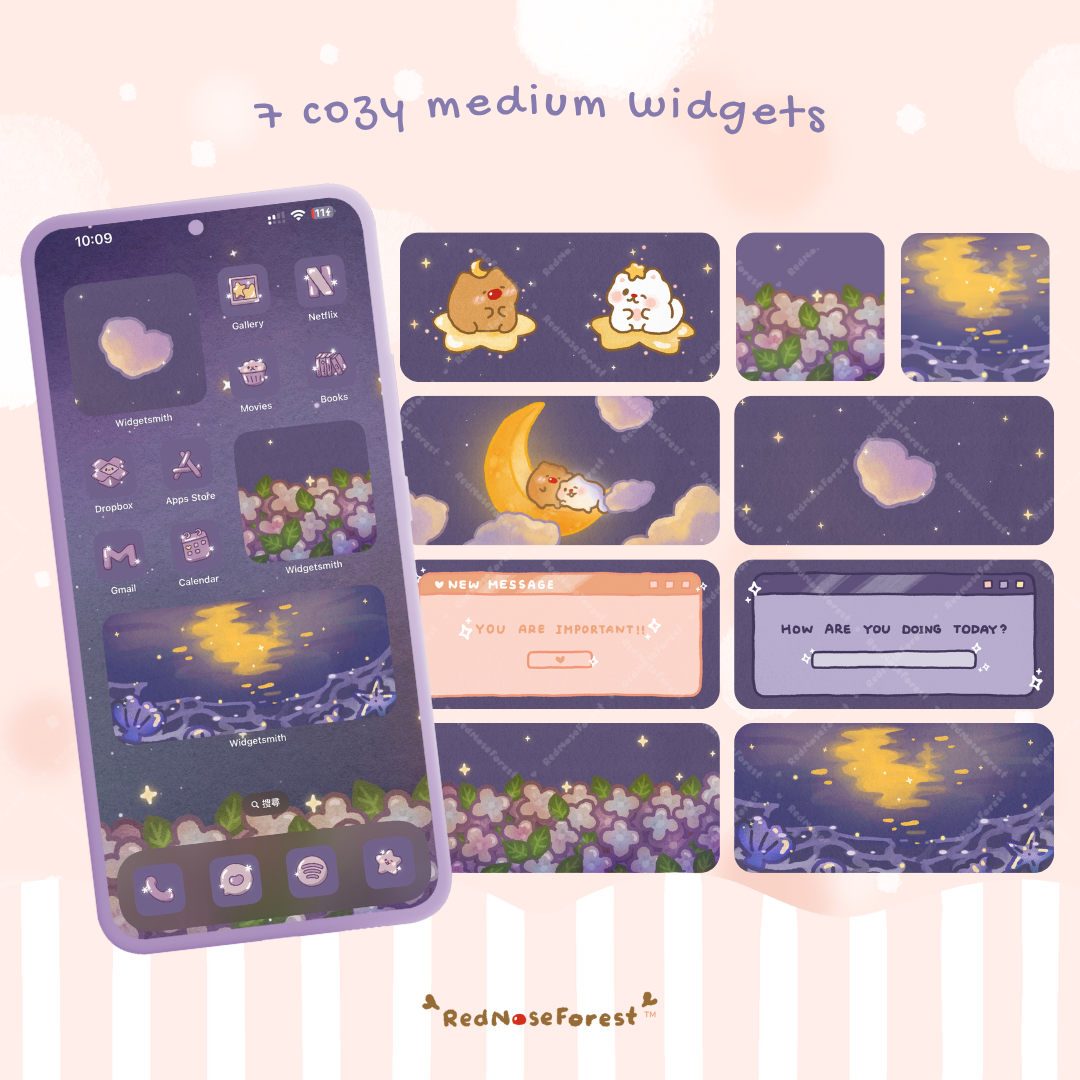 Phone interface with cute widgets featuring rednoseforest characters with matching the phone theme.