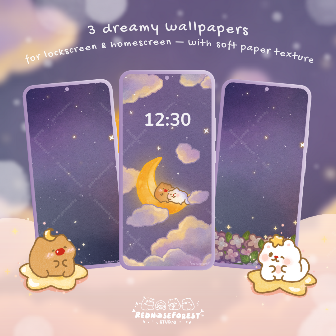 Three phone wallpapers with a cute rednoseforest design on a soft paper texture.