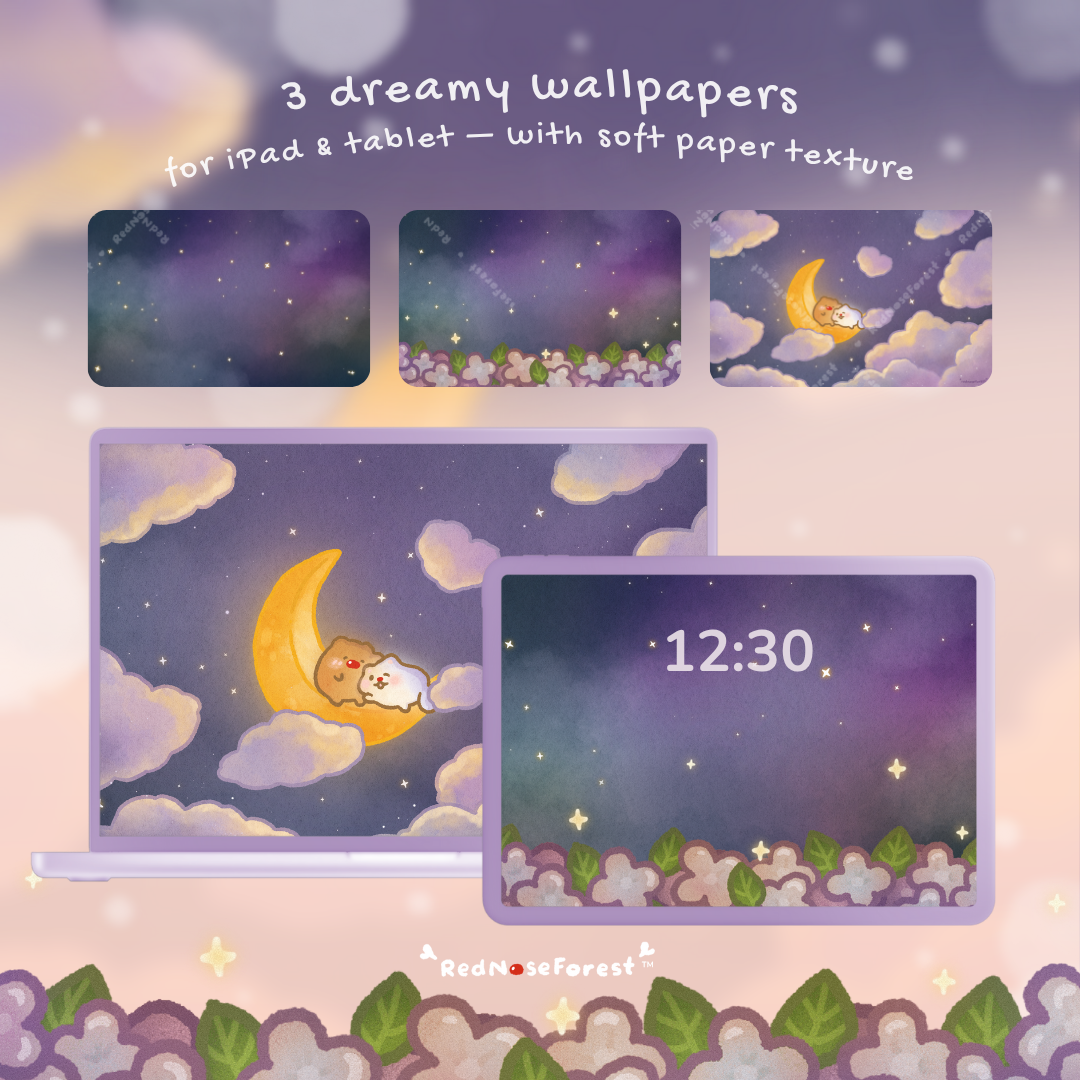 Set of three dreamy wallpapers for iPad and tablet with soft paper texture, featuring a moon, clouds, and a time display.