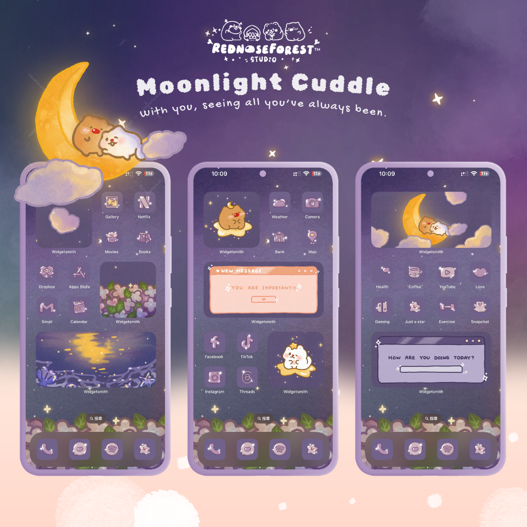 Three phone screens displaying a moonlight theme with rednoseforest characters, featuring our slogan: "With you, seeing all you've always been."